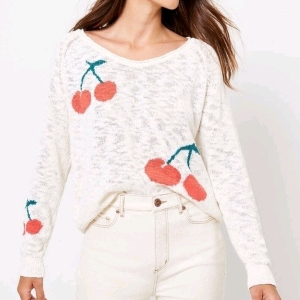 Lou & Grey Cherry Novelty Sweater Cream Knit Scoop Neck Coastal Beachy Small